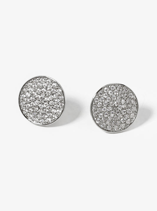 Pave-Set Cubic-Zirconia 10mm Round Disc 18K-Gold-Dipped Stud Earrings