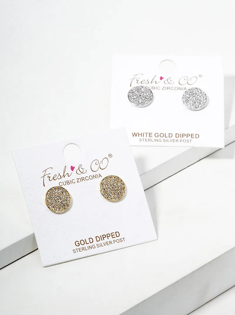 Pave-Set Cubic-Zirconia 10mm Round Disc 18K-Gold-Dipped Stud Earrings