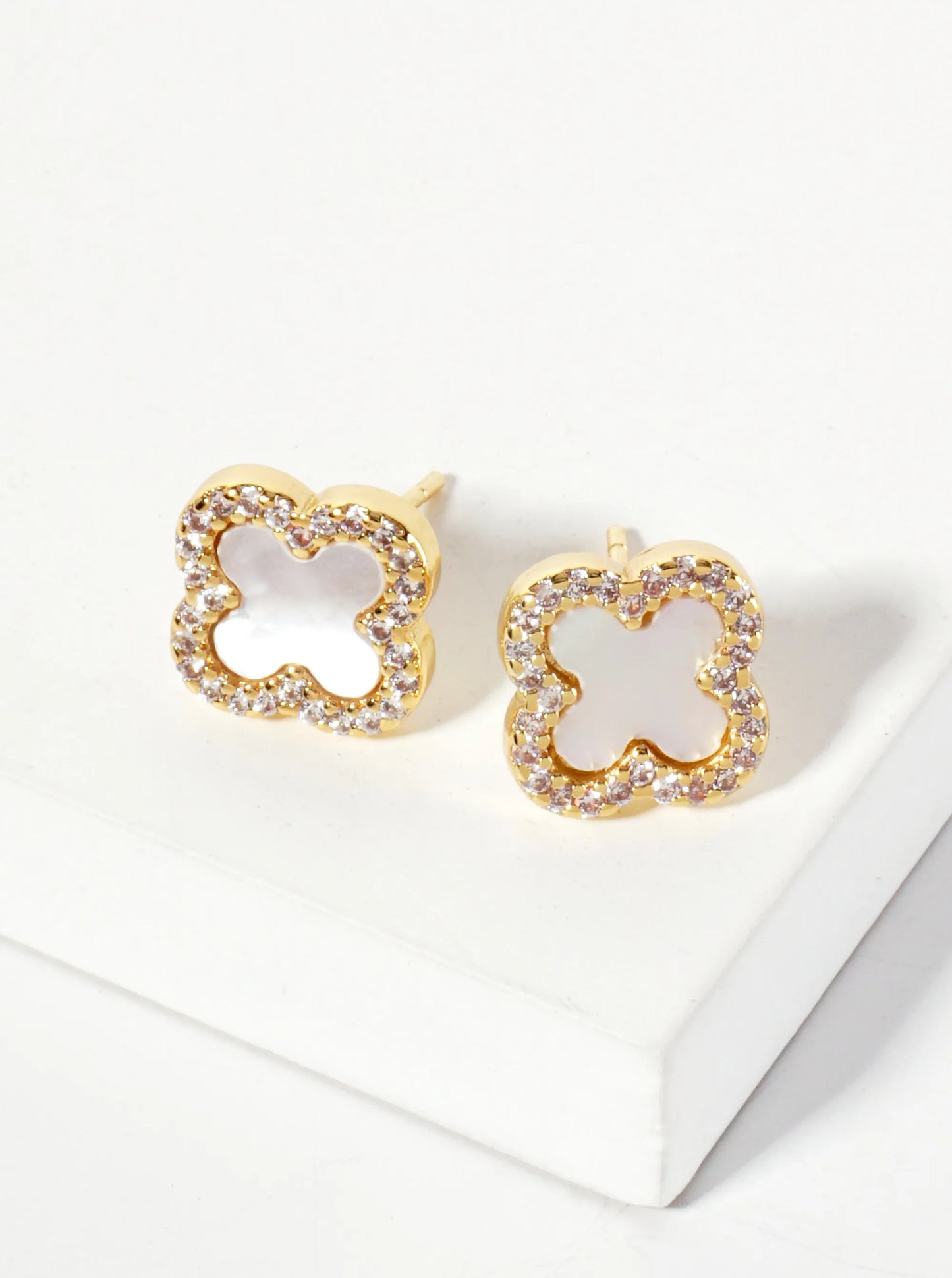 Pave-Set Cubic-Zirconia 11mm 18K-Gold-Dipped Brass Quatrefoil Stud Earrings
