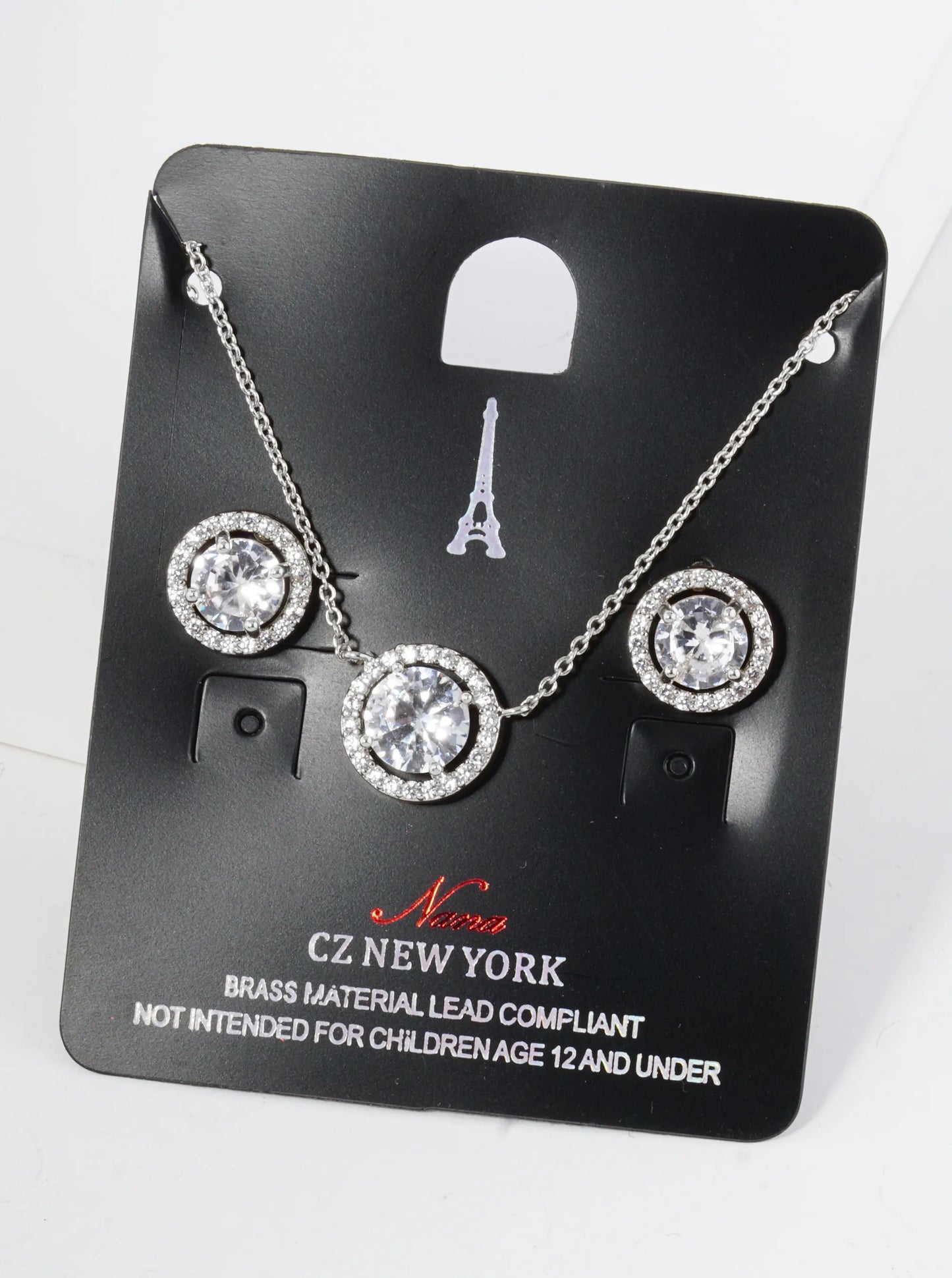 Pave Set Cubic Zirconia 11mm Halo Circle Pendant Necklace With Earrings