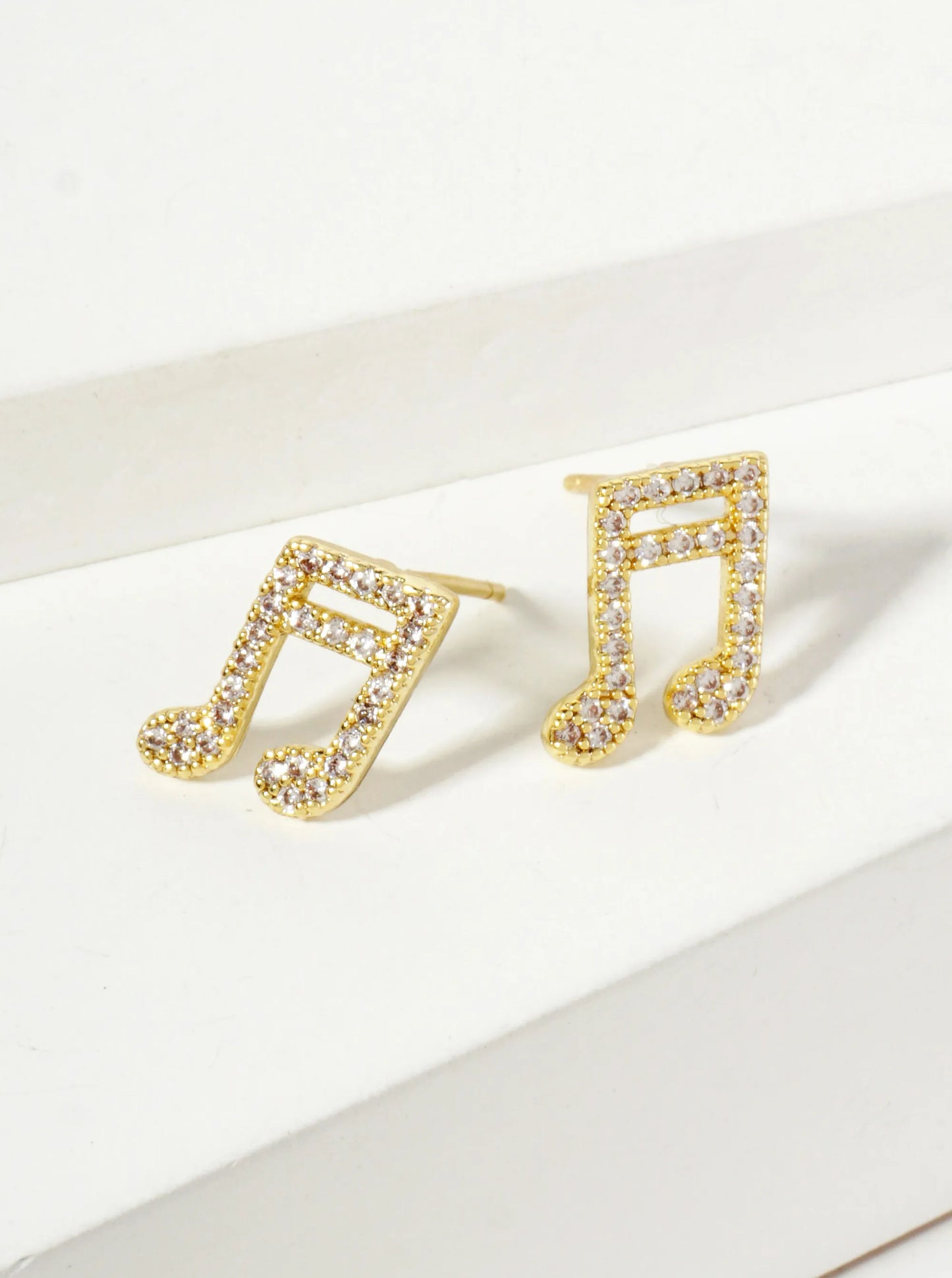 Pave-Set Cubic-Zirconia 11mm Musical-Note 18K-Gold-Dipped Brass Stud Earrings