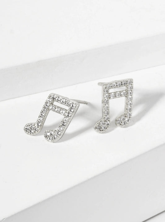 Pave-Set Cubic-Zirconia 11mm Musical-Note 18K-Gold-Dipped Brass Stud Earrings