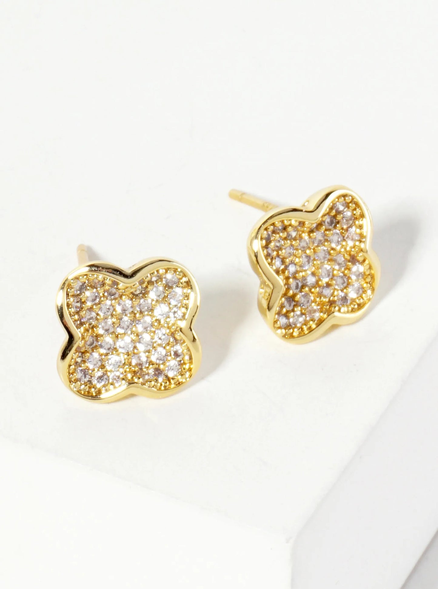 Pave-Set Cubic-Zirconia 11mm Quatrefoil 18K-Gold-Dipped Stud Earrings