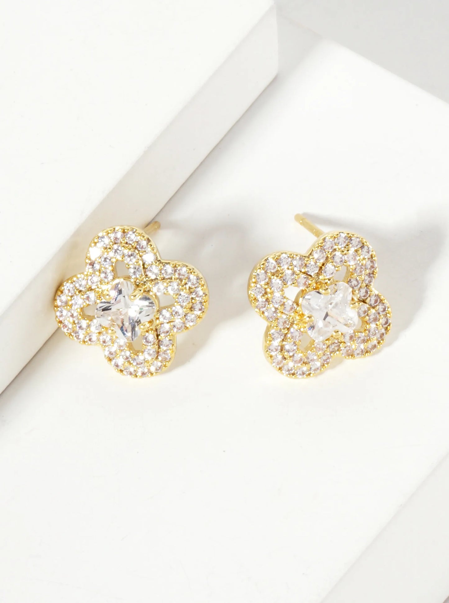 Pave-Set Cubic-Zirconia 12mm Quatrefoil 18K-Gold-Dipped Stud Earrings