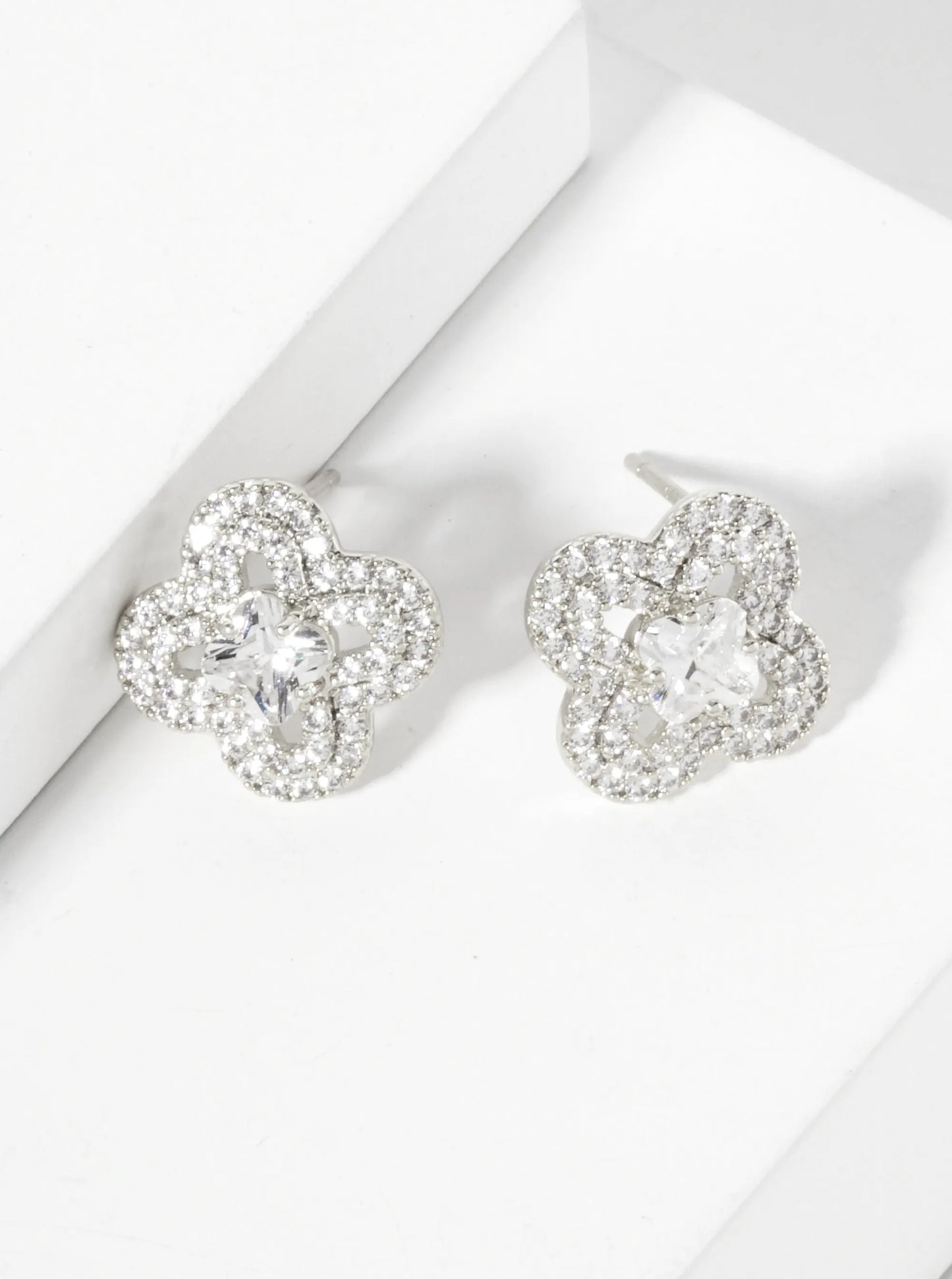 Pave-Set Cubic-Zirconia 12mm Quatrefoil 18K-Gold-Dipped Stud Earrings