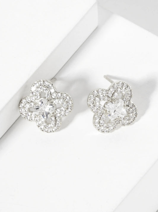 Pave-Set Cubic-Zirconia 12mm Quatrefoil 18K-Gold-Dipped Stud Earrings