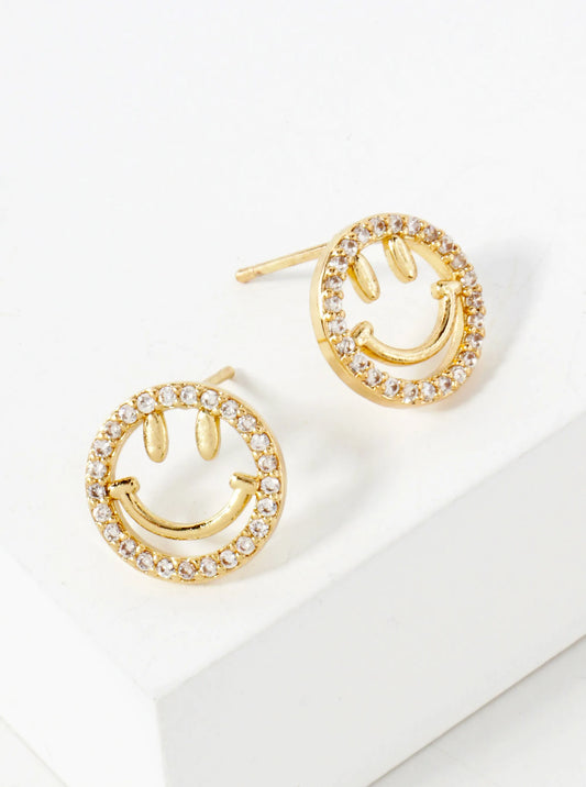 Pave-Set Cubic-Zirconia 12mm Smiley-Face 14K-Gold-Dipped Stud Earrings