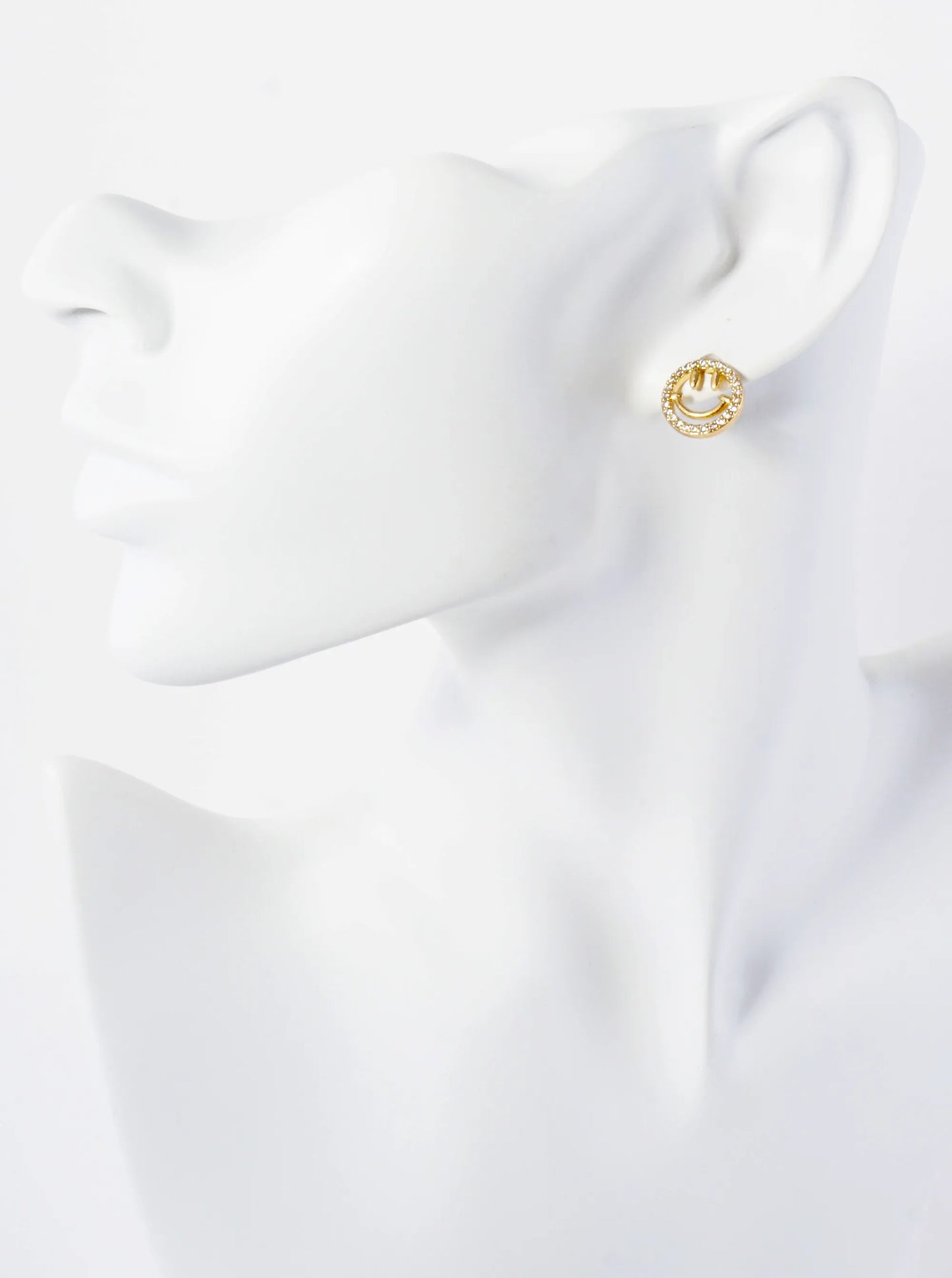 Pave-Set Cubic-Zirconia 12mm Smiley-Face 14K-Gold-Dipped Stud Earrings