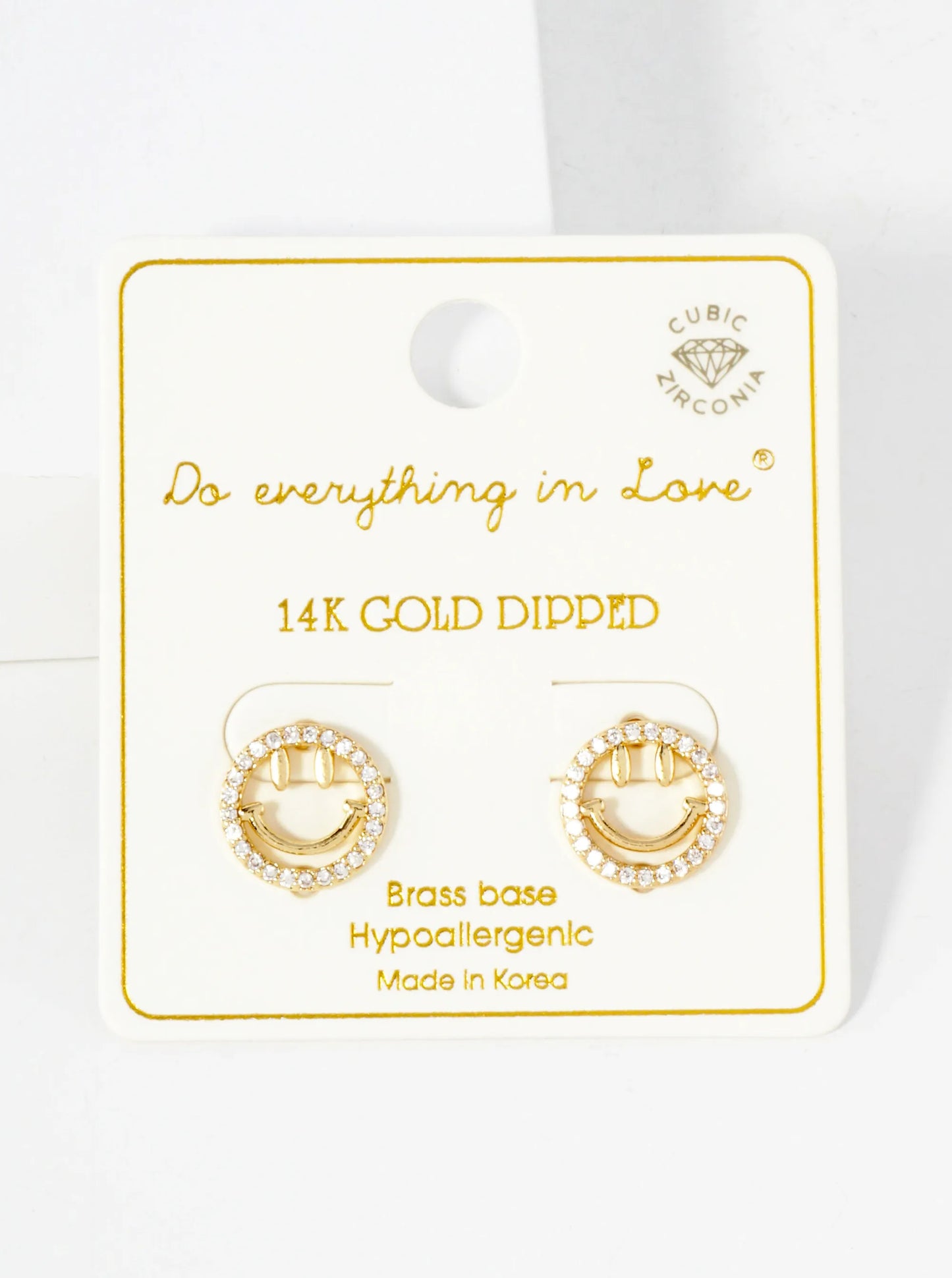 Pave-Set Cubic-Zirconia 12mm Smiley-Face 14K-Gold-Dipped Stud Earrings