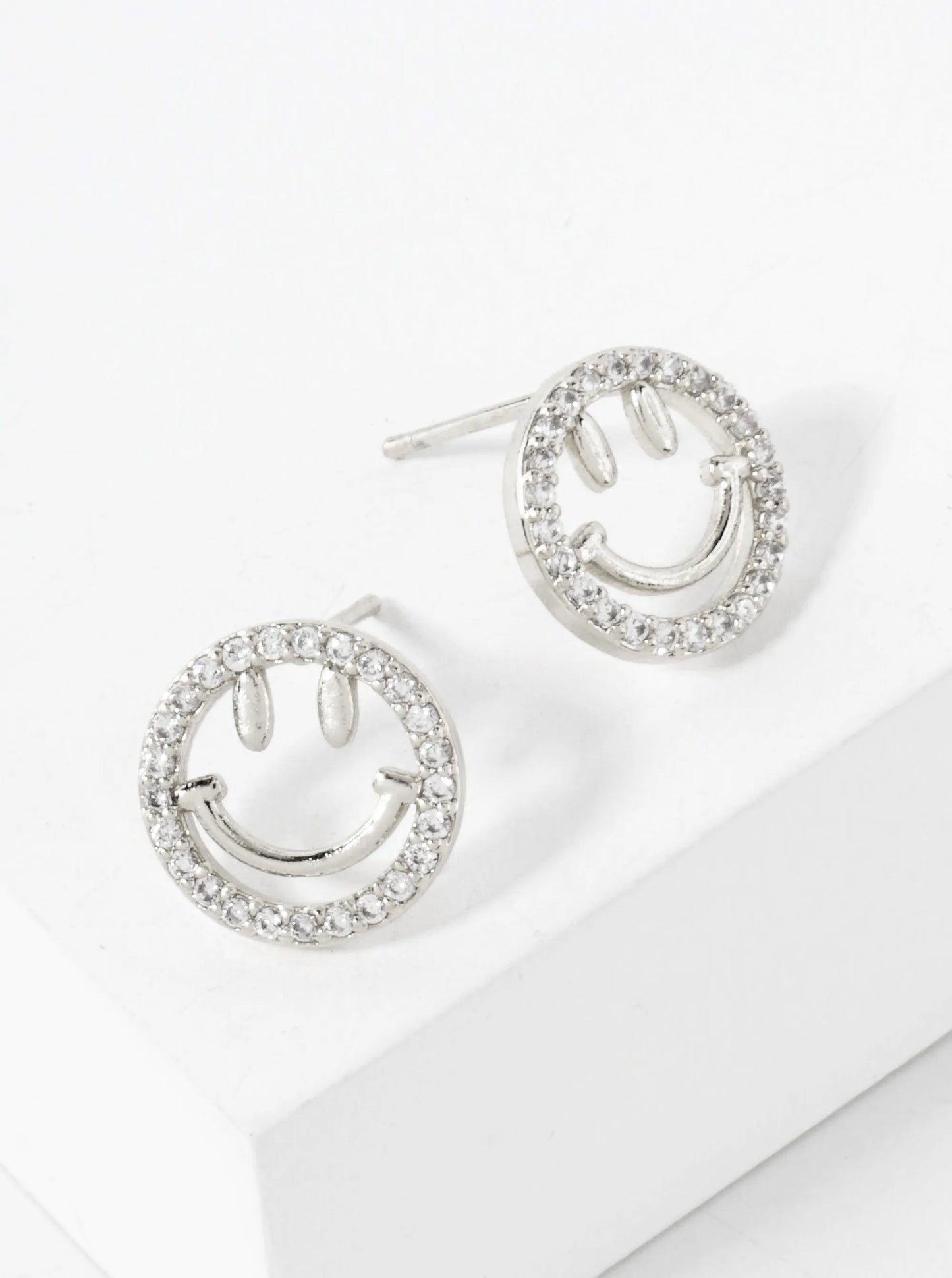 Pave-Set Cubic-Zirconia 12mm Smiley-Face 14K-Gold-Dipped Stud Earrings