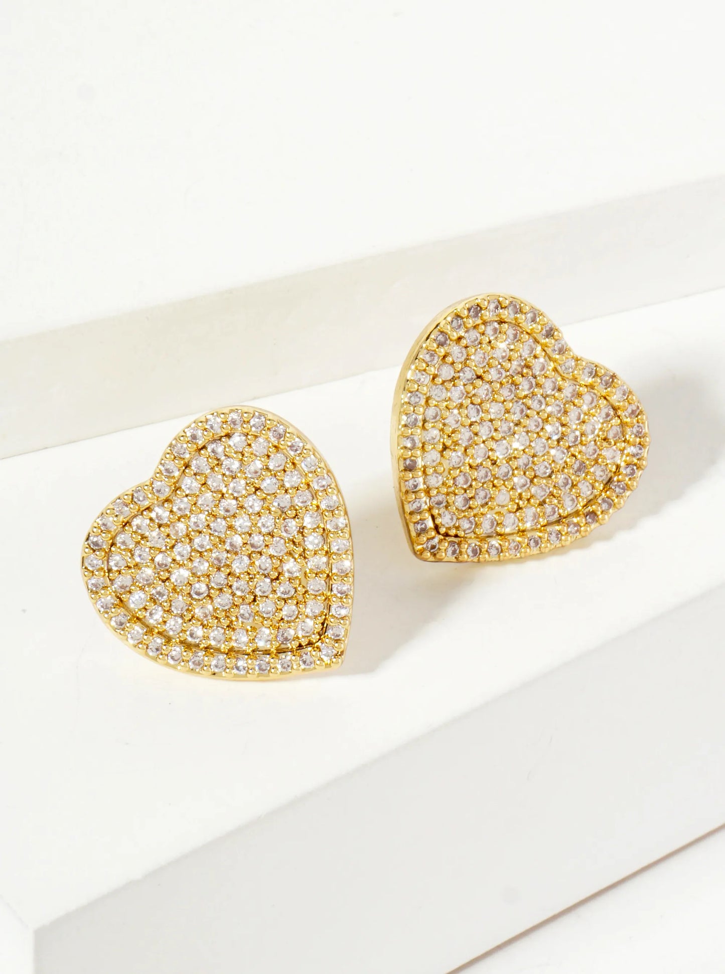 Pave-Set Cubic-Zirconia 15mm Heart-Shaped 18K-Gold-Dipped Stud Earrings