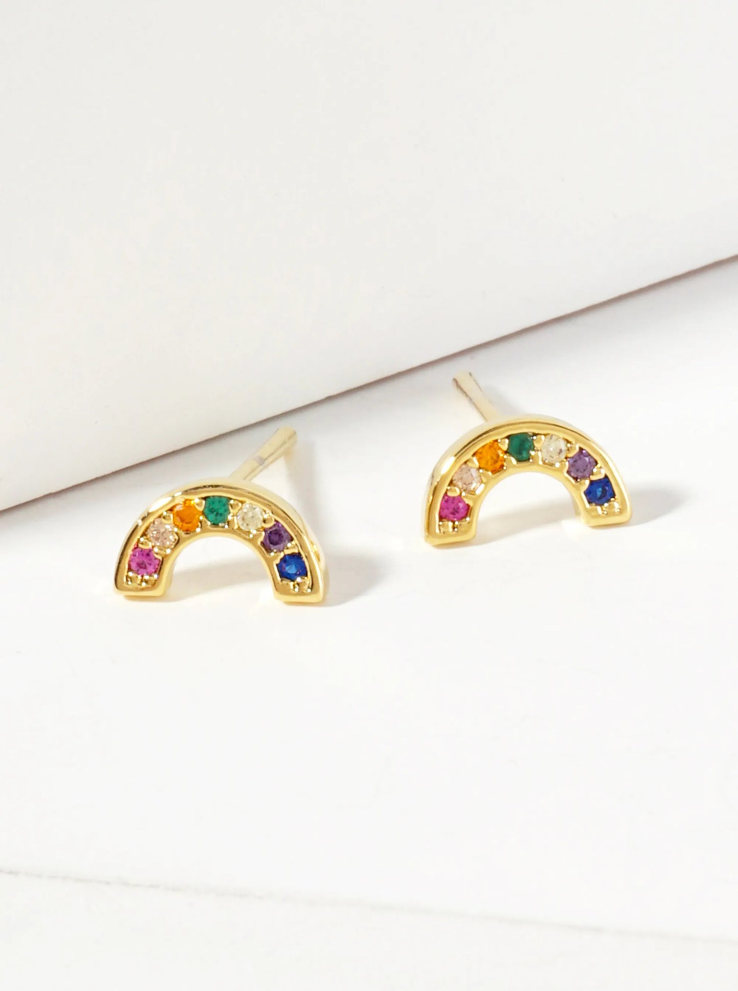 Pave-Set Cubic-Zirconia Arch-Shaped Rainbow 18K-Gold-Dipped Brass Stud Earrings