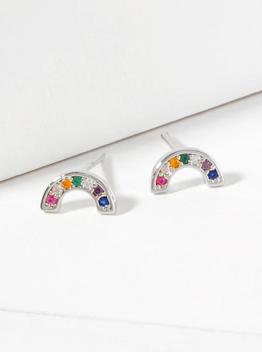 Pave-Set Cubic-Zirconia Arch-Shaped Rainbow 18K-Gold-Dipped Brass Stud Earrings