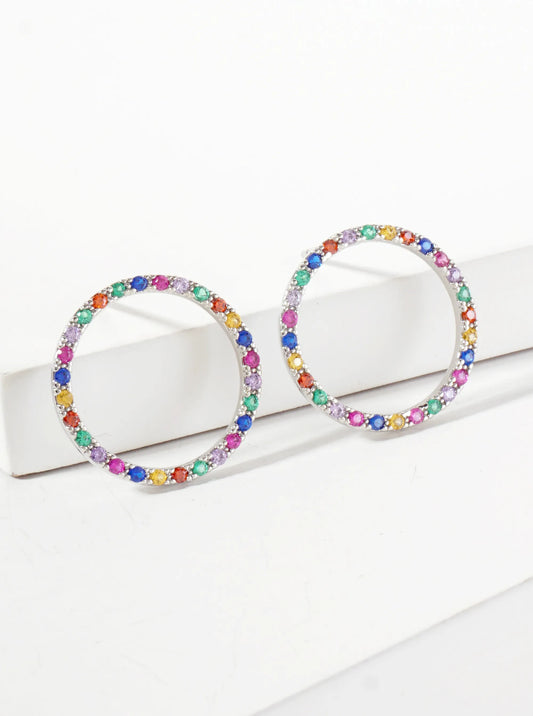 Pave-Set Cubic-Zirconia Delicate Circle 18K-Gold-Dipped Brass Stud Earrings