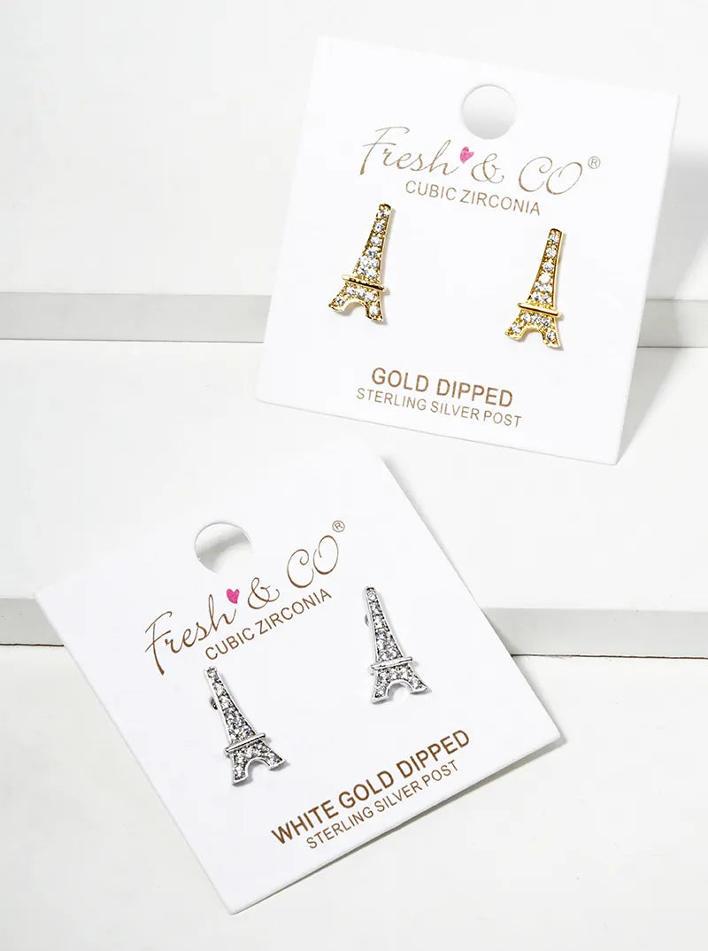 Pave-Set Cubic-Zirconia Eiffel-Tower 18K-Gold-Dipped Stud Earrings