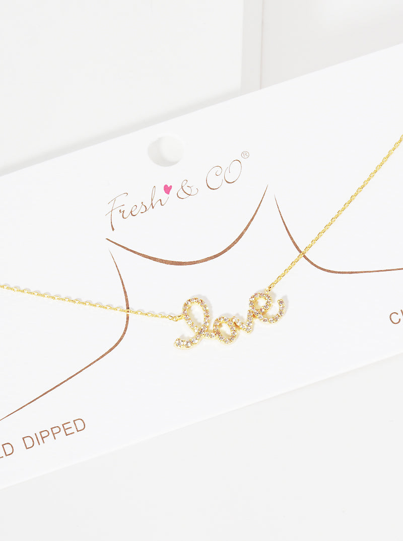 Pave-Set Cubic-Zirconia Love Pendant 18K-Gold-Dipped Brass Necklace