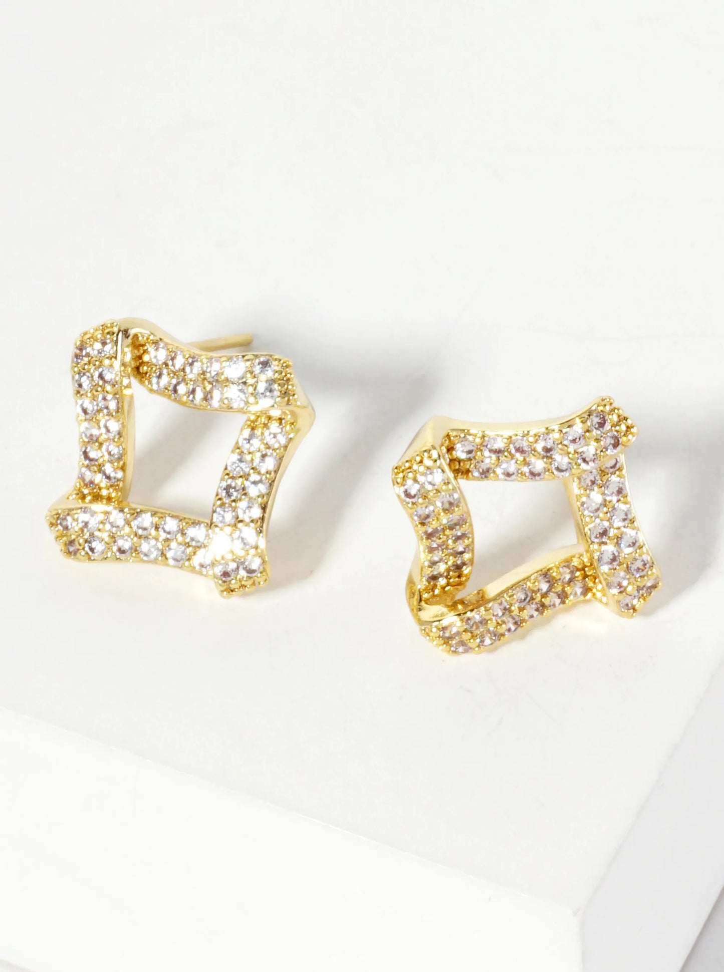 Pave-Set Cubic-Zirconia Rhombus-Shaped 16mm 18K-Gold-Dipped Stud Earrings