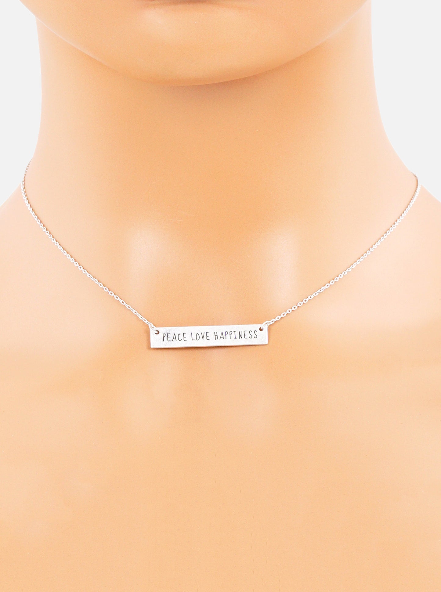 Peace Love Happiness Engraved Horizontal Bar Pendant Necklace