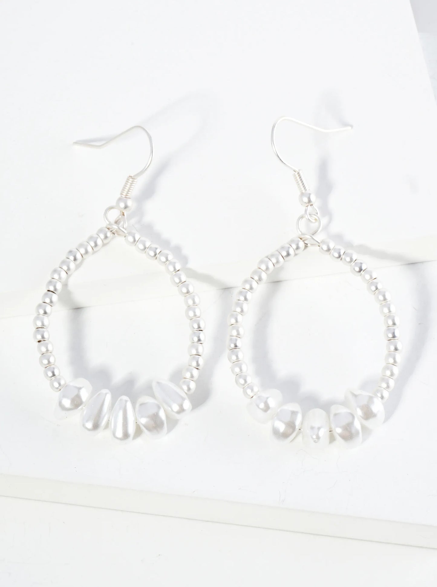 Pearl Bead Accent Metallic Beaded Wire Circle Dangle Drop Earrings