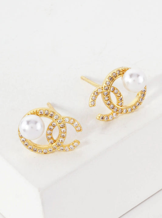 Pearl-Bead Accents O And C Overlap 14K-Gold-Dipped Brass Stud Earrings
