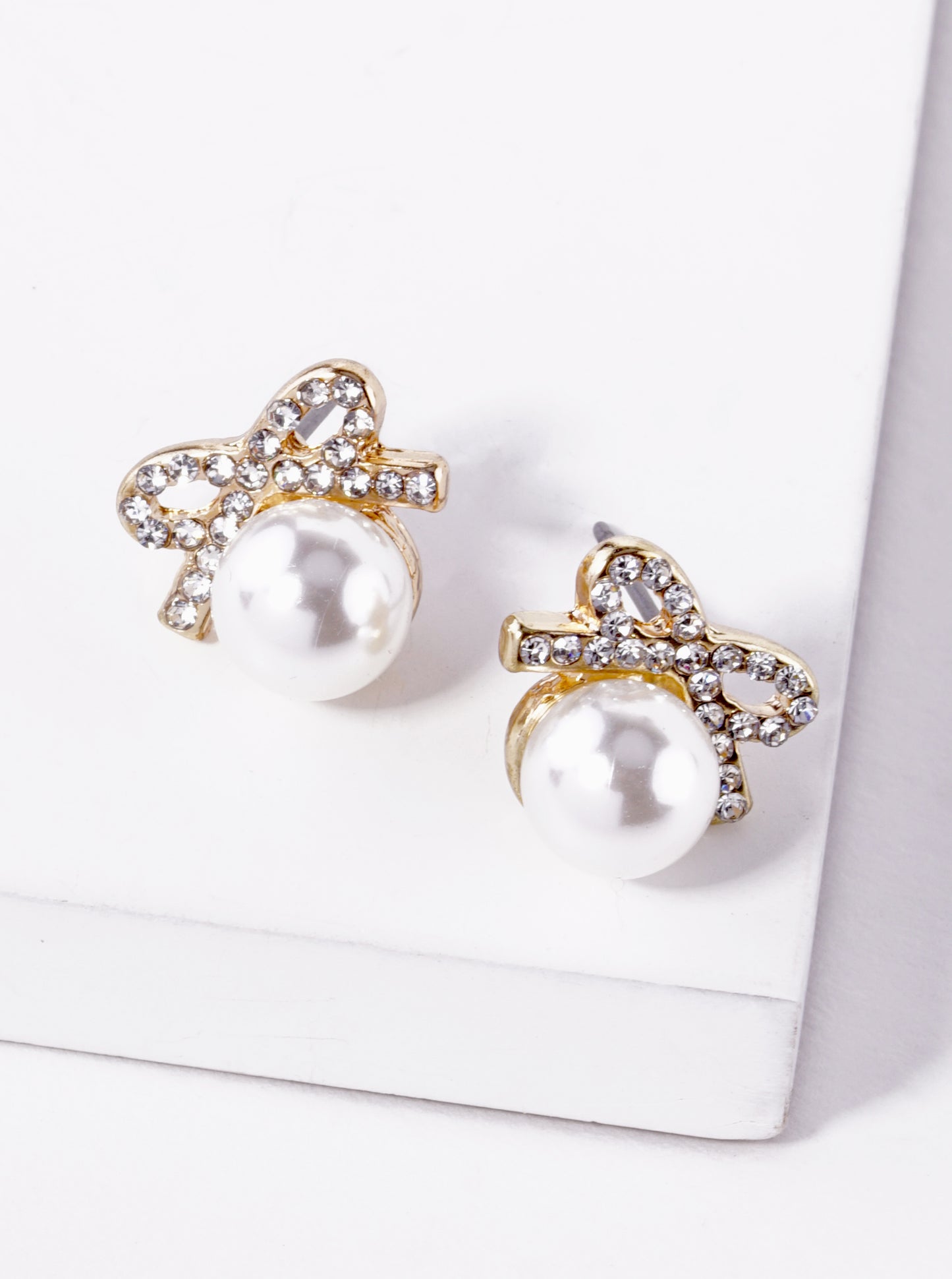 Pearl Bead Drop Crystal Pave Ribbon Bow Stud Earrings