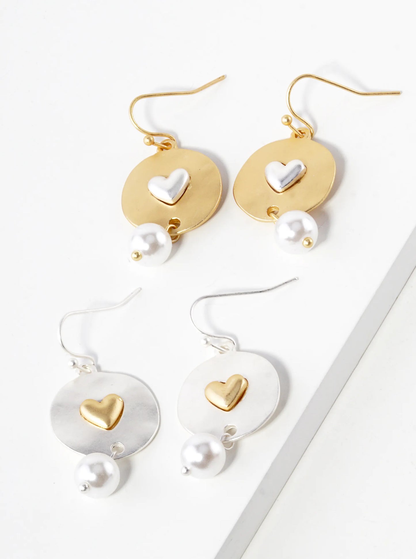 Pearl Bead Drop Heart Disc Dangle Earrings