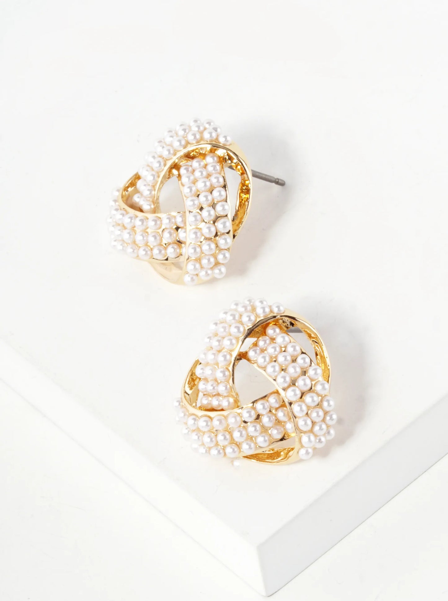 Pearl Beaded 17mm Triangle Knot Stud Earrings