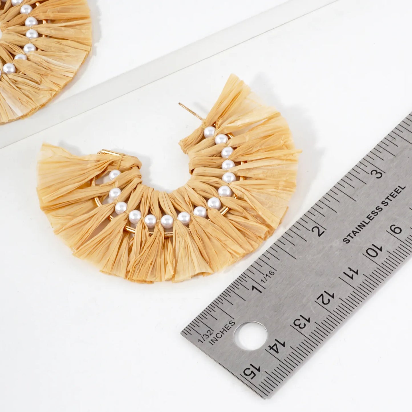 Pearl-Beaded 30mm Raffia Fan Statement Hoop Earrings