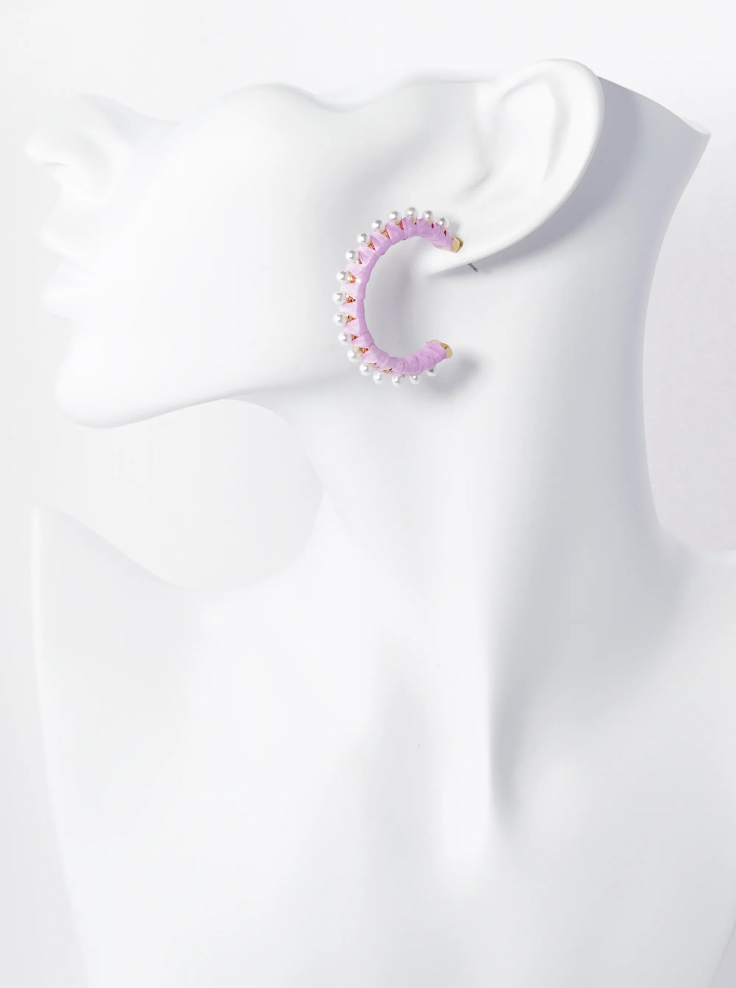 Pearl Beaded 30mm Raffia Wrapped Open Hoop Earrings