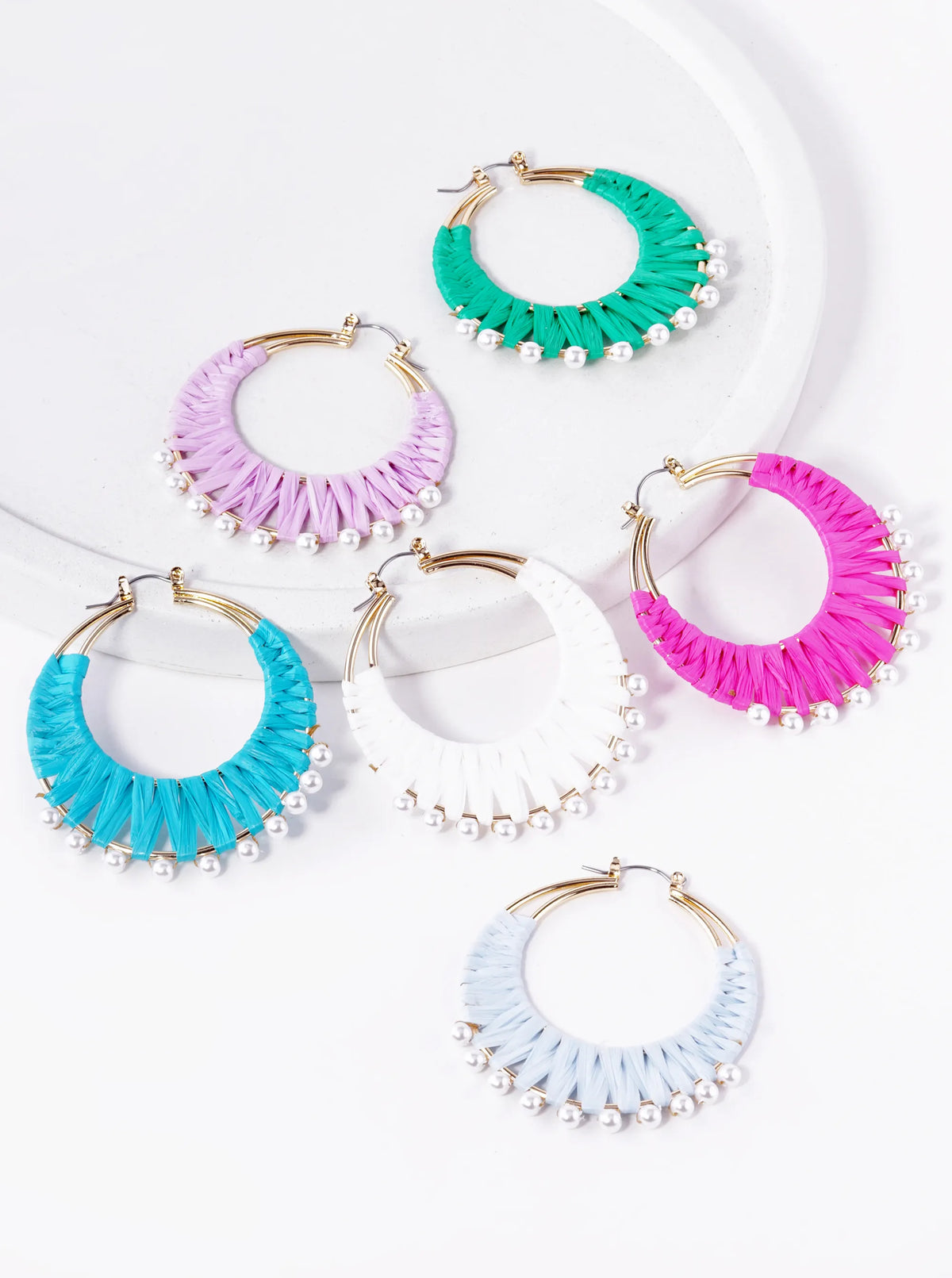 Pearl Beaded 50mm Raffia Hoop Earrings
