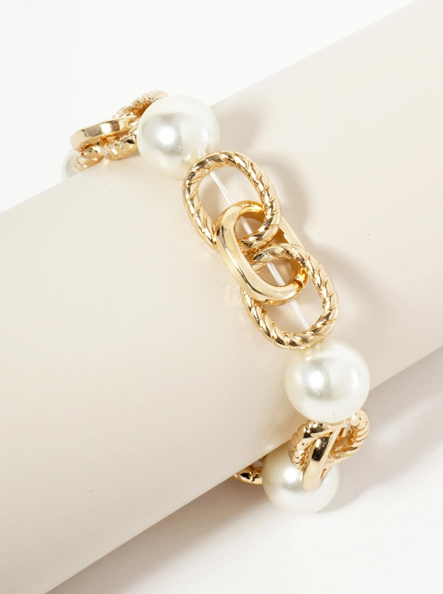 Pearl Beaded Oval Cast Linked Stretch Bracelet