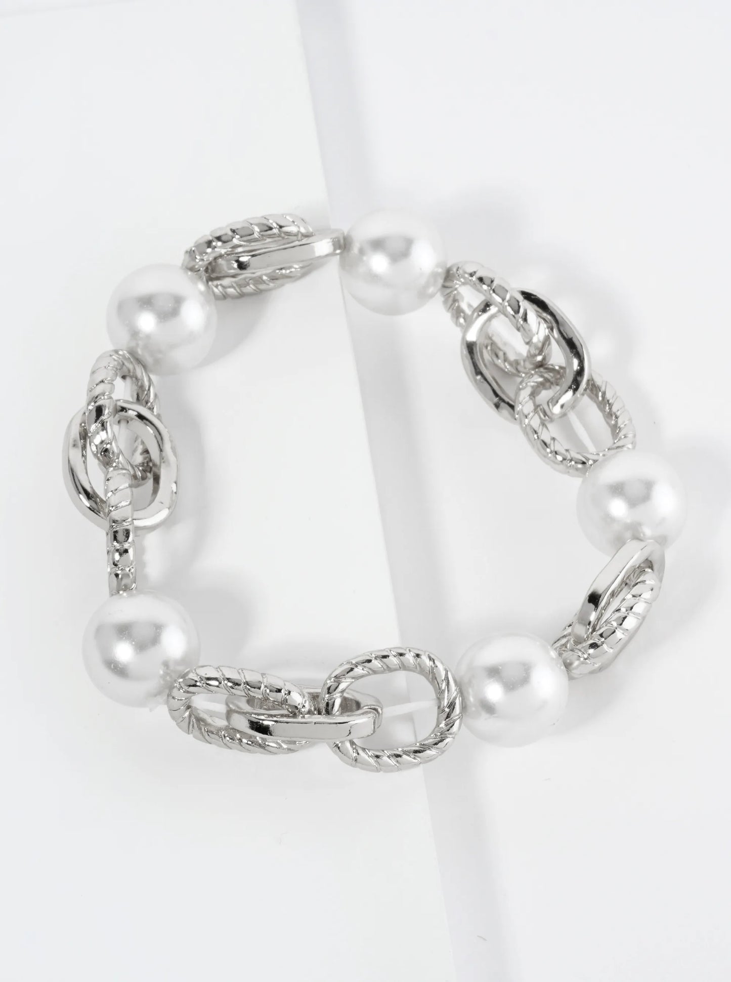 Pearl Beaded Oval Cast Linked Stretch Bracelet