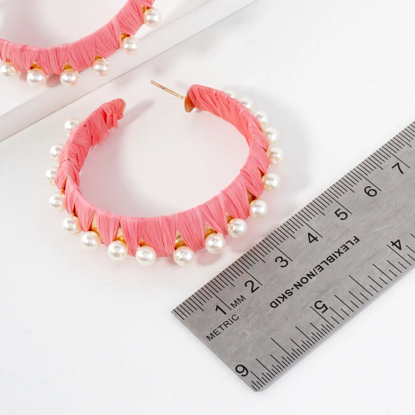 Pearl-Beaded Raffia Wrapped 50mm Statement Hoop Earrings