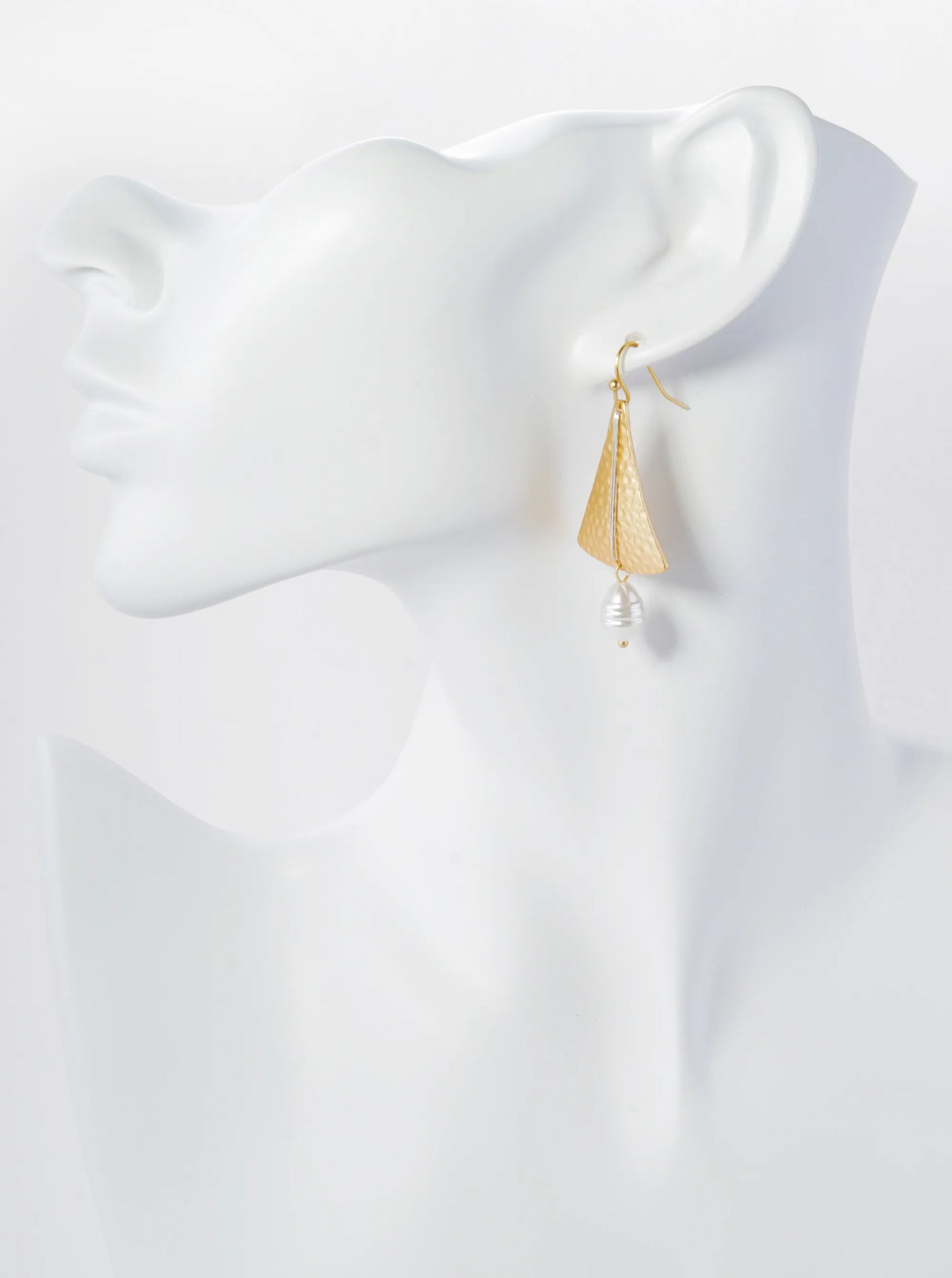 Pearl Drop Wire Wrapped Two-Tone Hammered Triangle Dangle Earrings