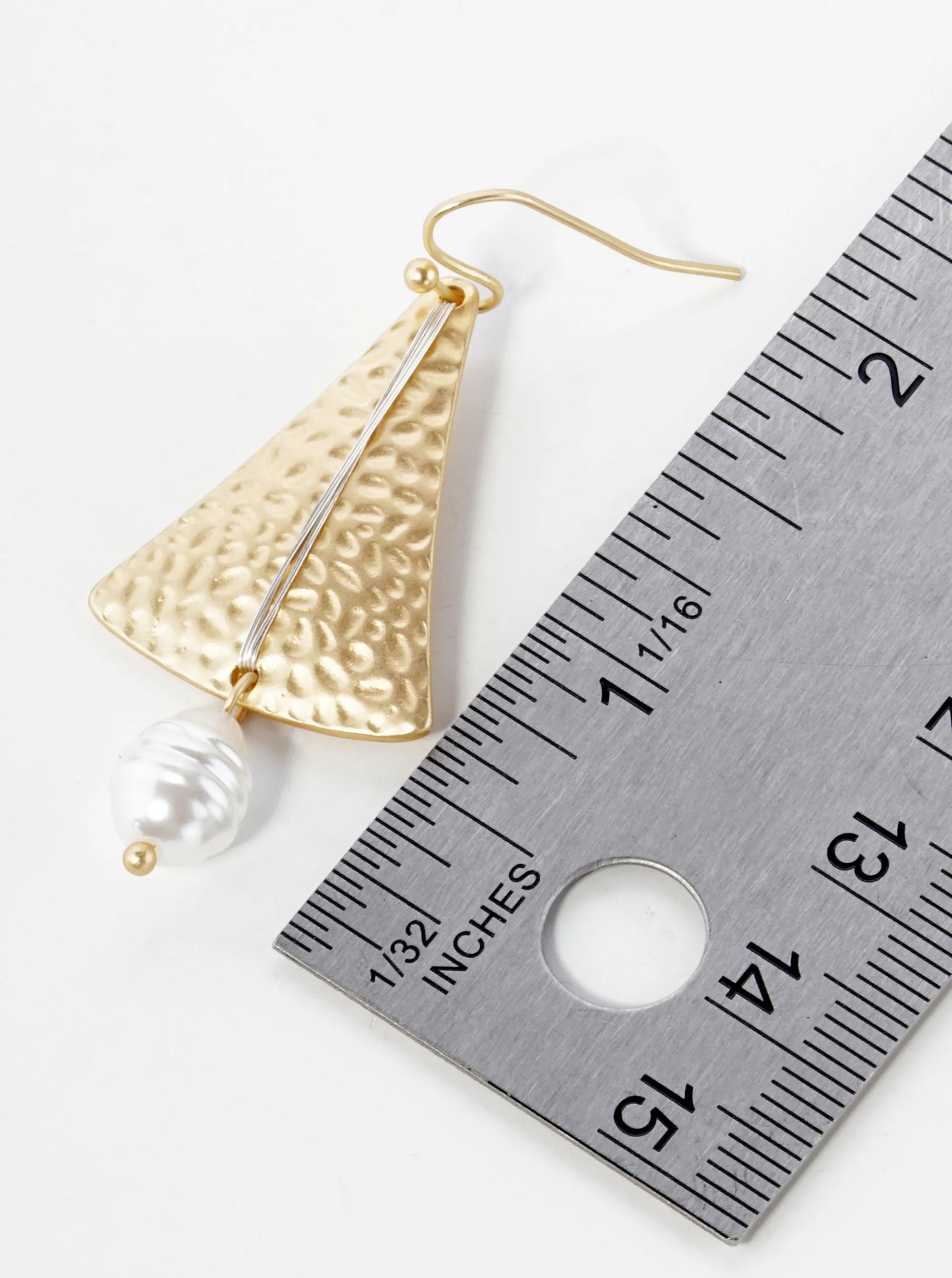 Pearl Drop Wire Wrapped Two-Tone Hammered Triangle Dangle Earrings
