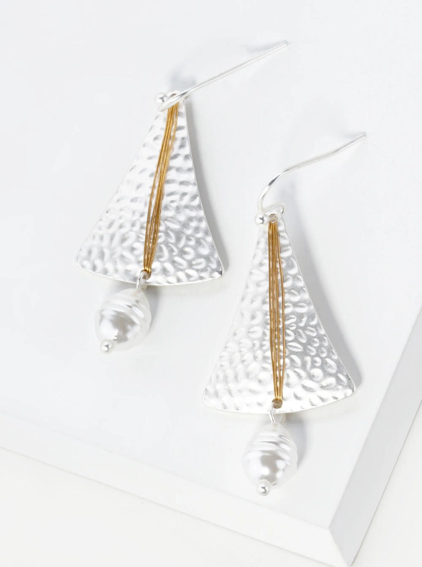 Pearl Drop Wire Wrapped Two-Tone Hammered Triangle Dangle Earrings