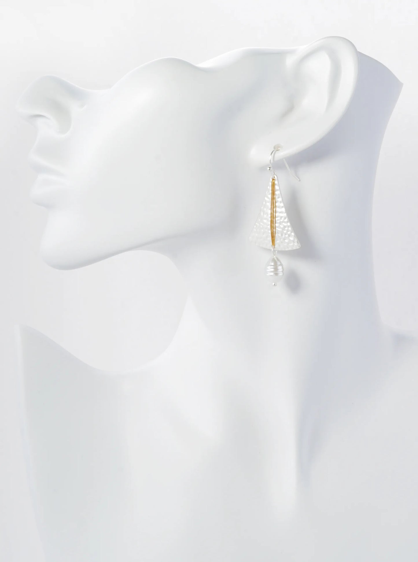 Pearl Drop Wire Wrapped Two-Tone Hammered Triangle Dangle Earrings