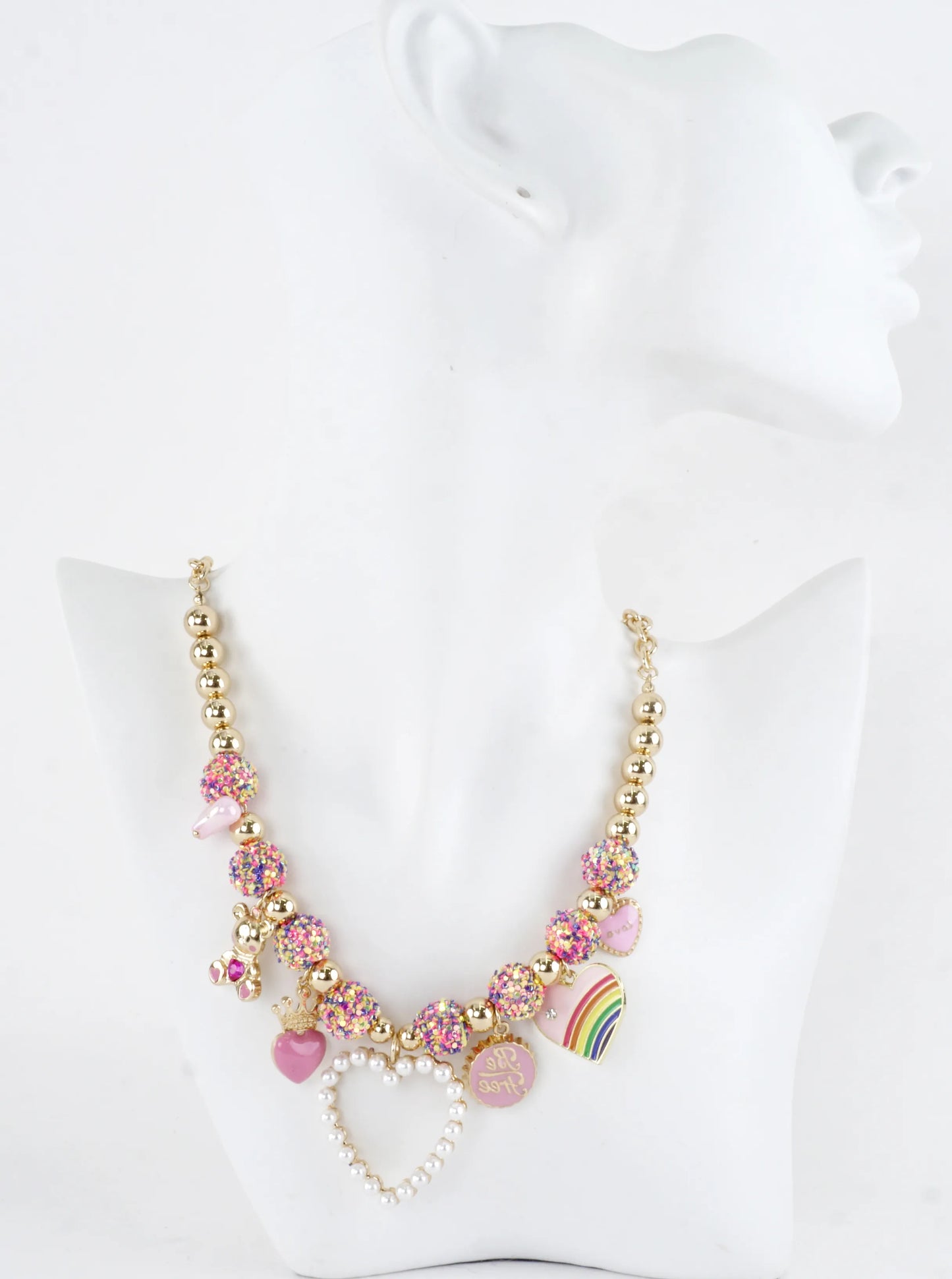 Pearl Heart Rainbow Charm Beaded Necklace