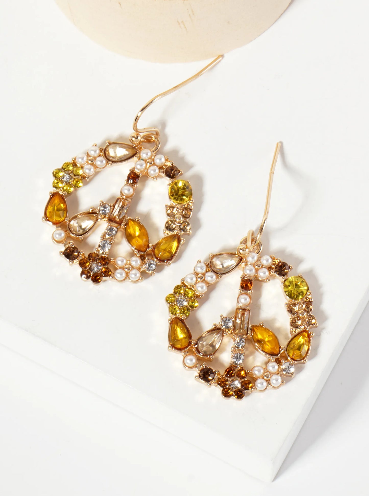 Pearl Rhinestone 1-inch Peace-Sign Dangle Drop Earrings