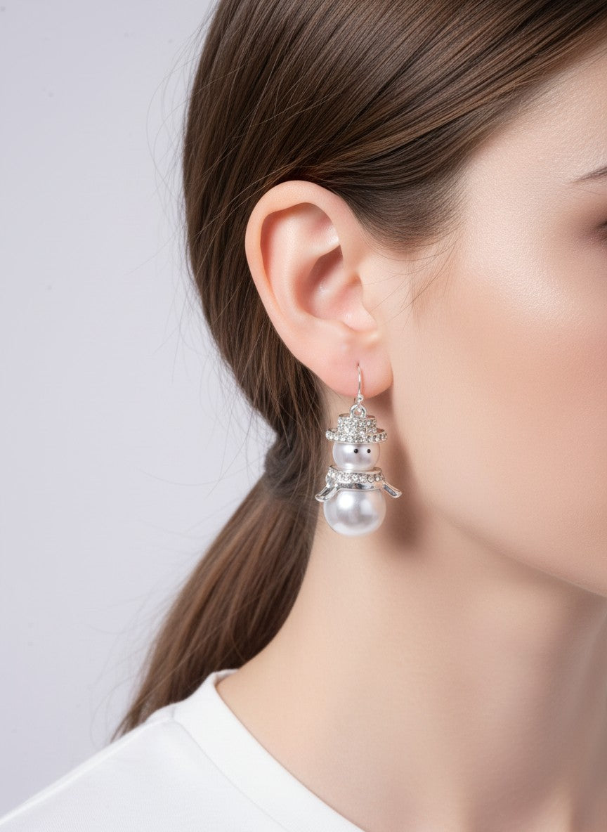 Pearl Rhinestone Snowman Drop Earrings