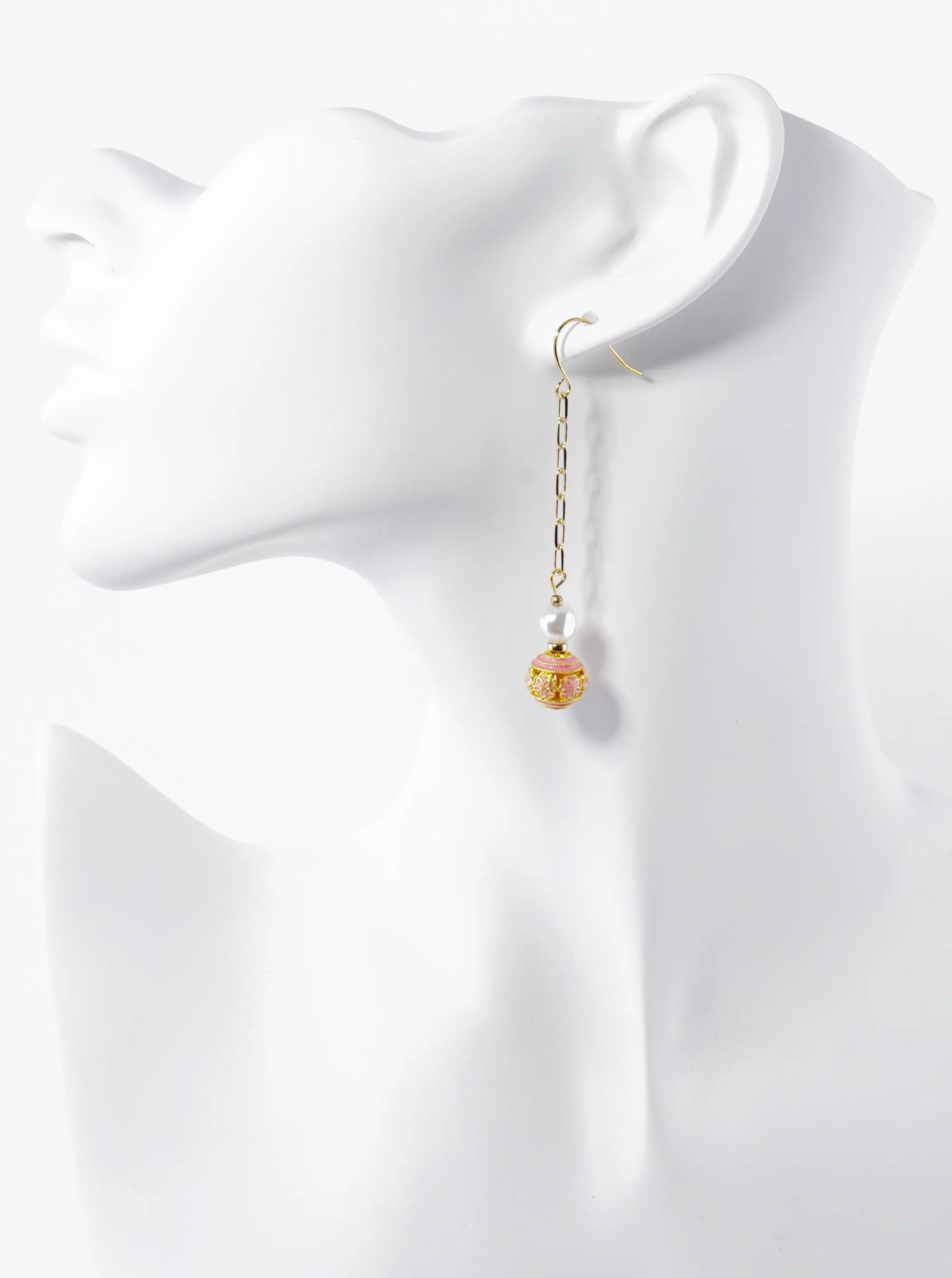 Pearl And Cloisonne Flower Bead Chain Drop Dangle Earrings