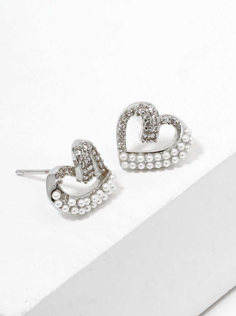 Pearl And Cubic-Zirconia Studded Heart-Shape 18K-Gold-Dipped Stud Earrings