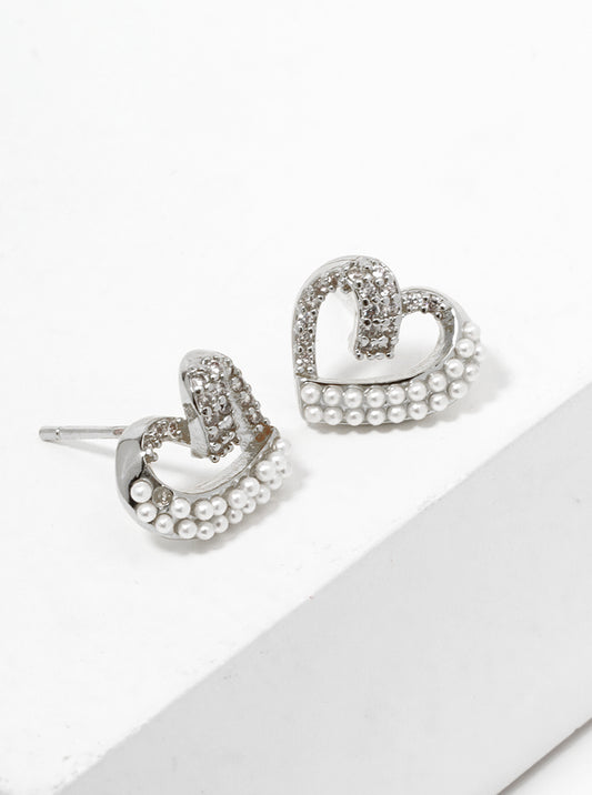 18K Gold Dipped CZ Pave Pearl Heart Post Stud Earrings