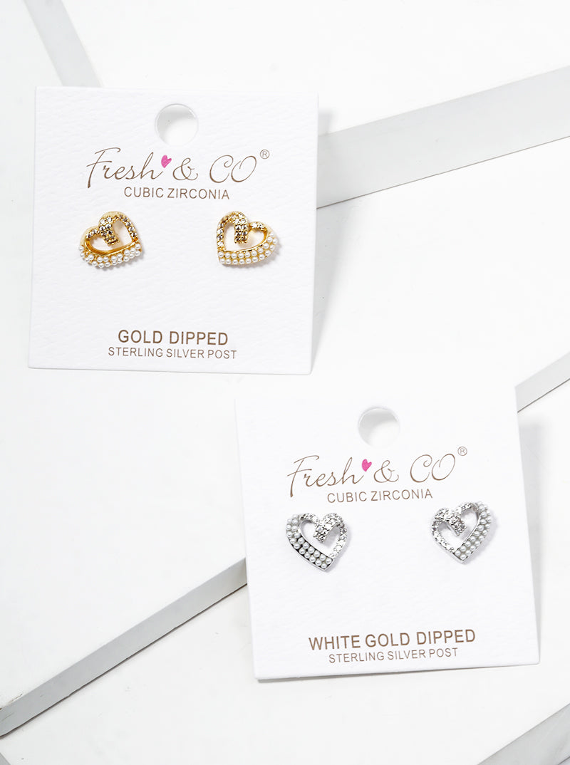 18K Gold Dipped CZ Pave Pearl Heart Post Stud Earrings