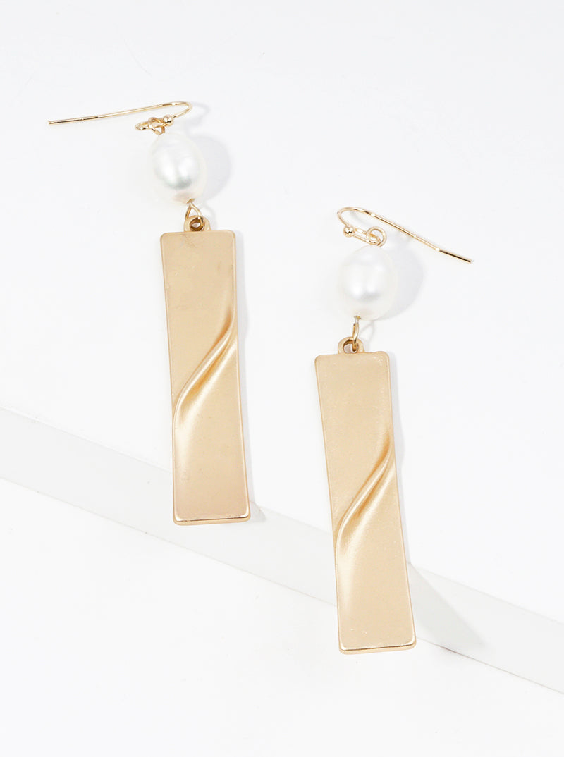 Pearl With Textured Metal Bar Drop Dangle Earrings