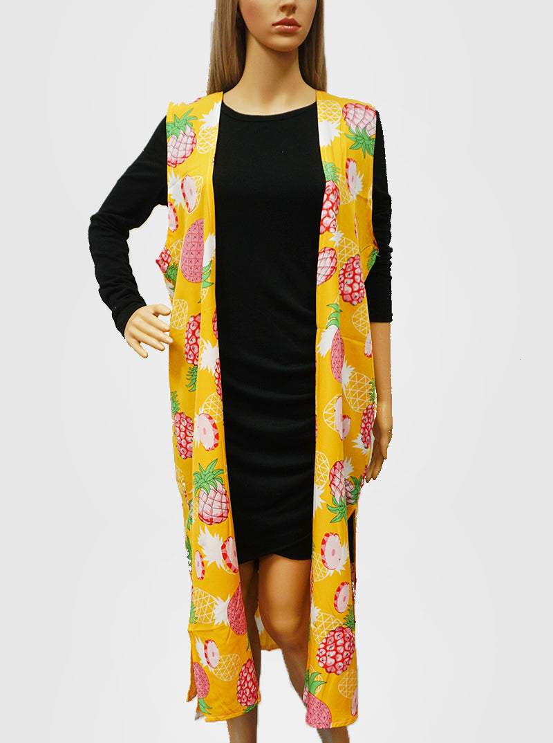 Pineapple Pattern Tropical Polyester Long Kimono