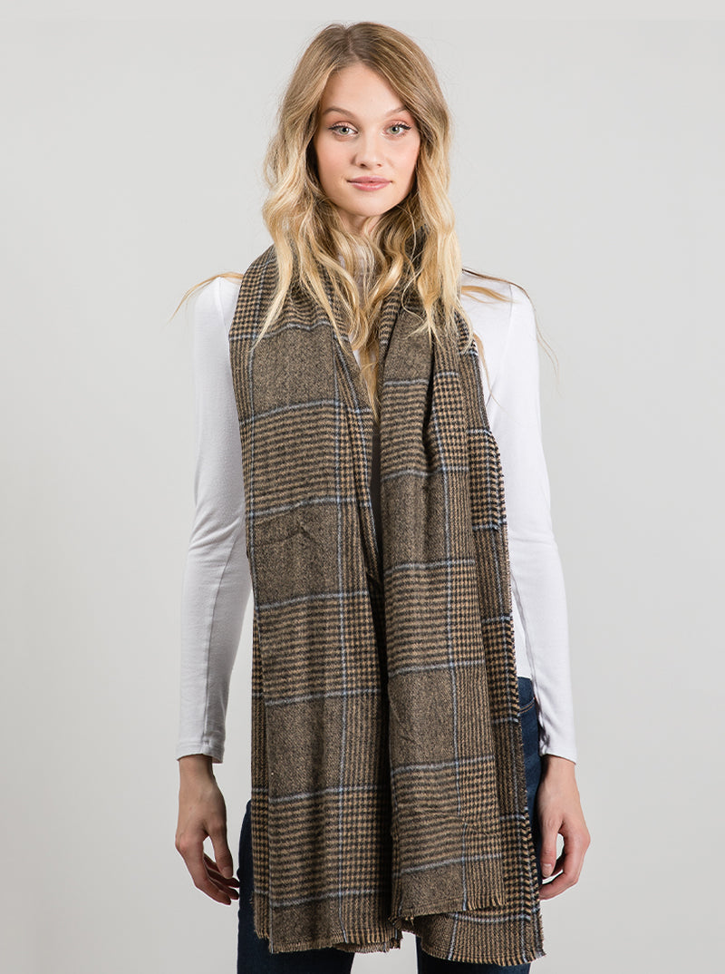 Plaid Check Brown Color Oblong Shawl Scarf