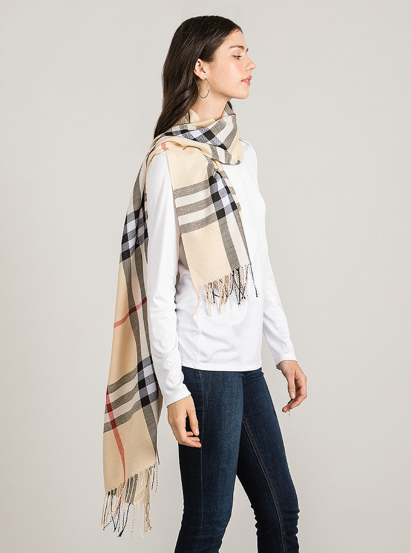 Plaid Print Fringe Trim Scarf In Beige