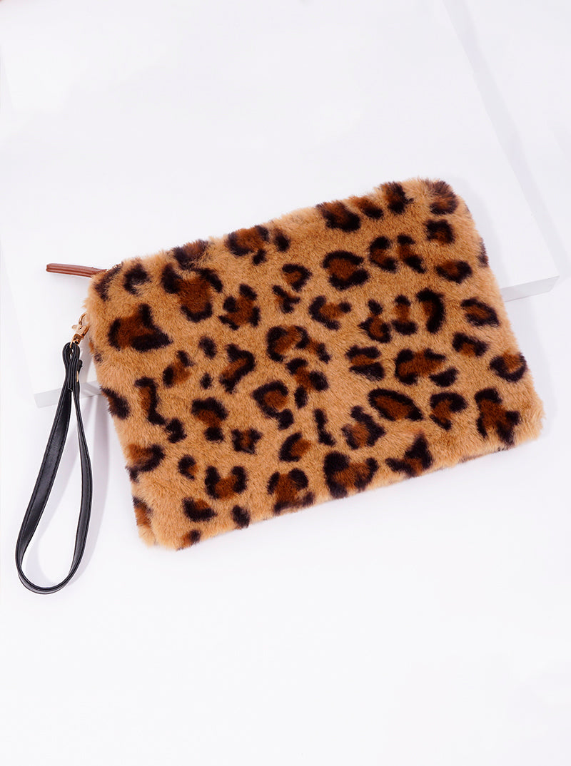 Plaid Acrylic Fur Zip Pouch With Wristlet Strap