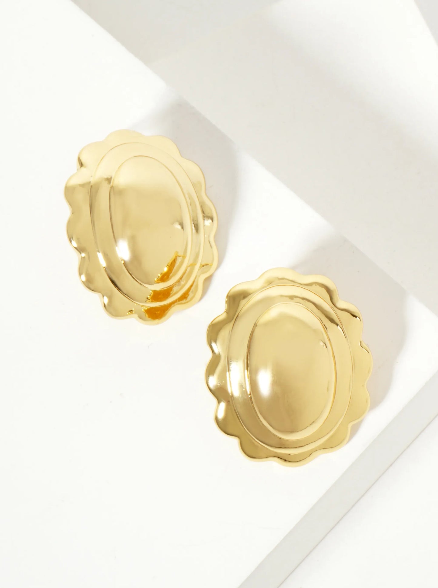 Polished Brass 18K-Gold-Dipped Soft-Curve Wavy Oval Stud Earrings
